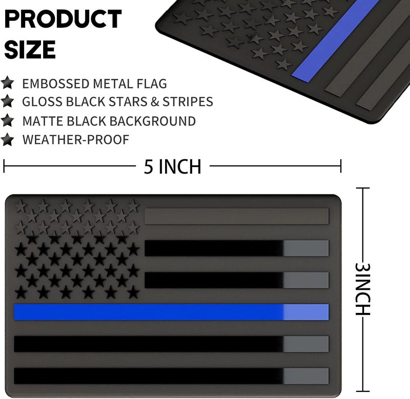 sticro Embossed 3D Metal Thin Blue Line All Black American Flag Emblem Decal Stickers (1 Pair), Matte Black 5" x 3" Patriotic USA US Flag Decals for Car, Truck, Motorcycle Honoring Police Law Enforcement - Image 2